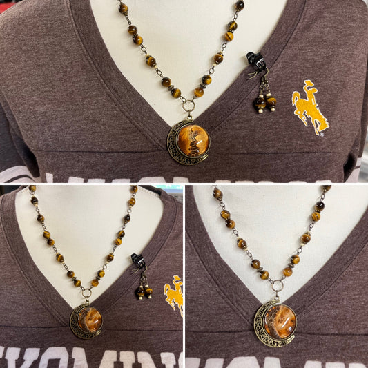 Earring and Necklace Set  "Brass and Tigers Eye W/ Moon Crest Pendant"