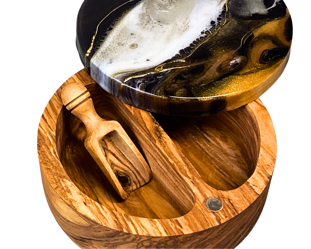 Handcrafted Olive Wood Double Spice Cellar with Abstract Resin Artwork and 24K Gold Accents