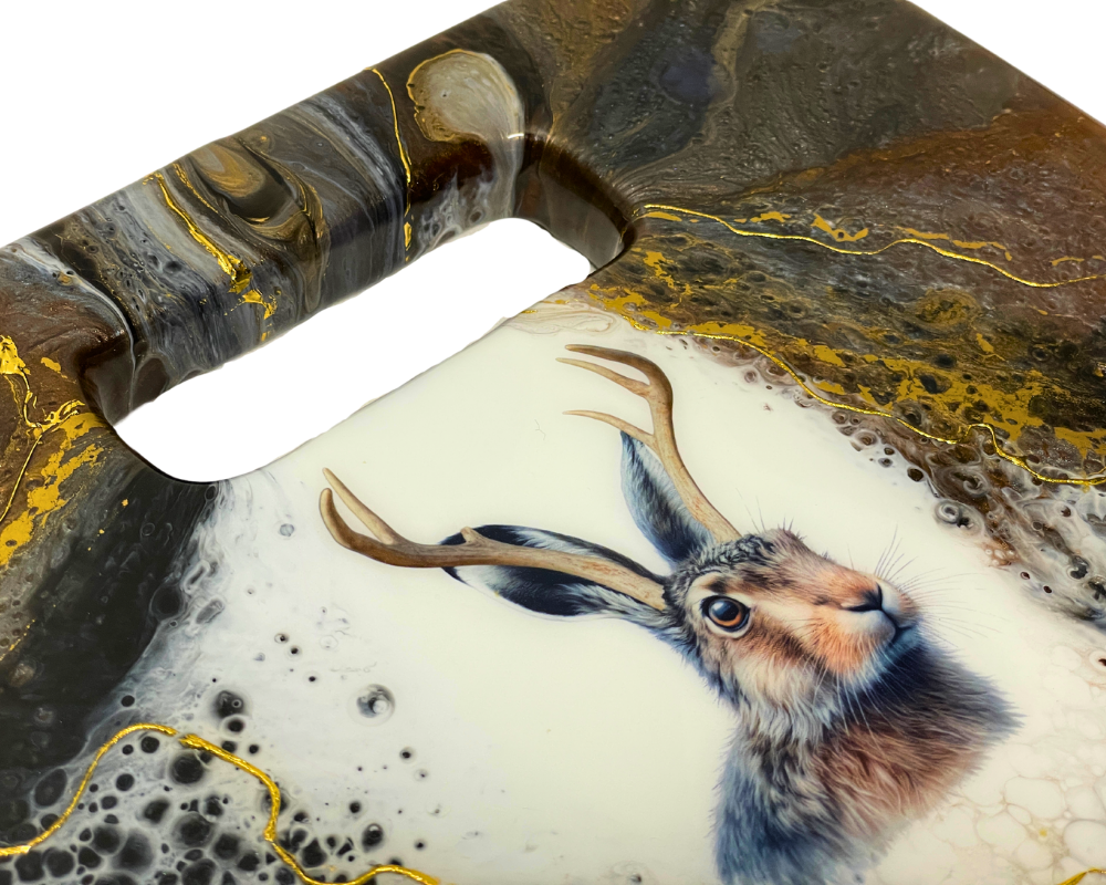 " Jackalope Head " Teak Cheese Board with 24 K Gold