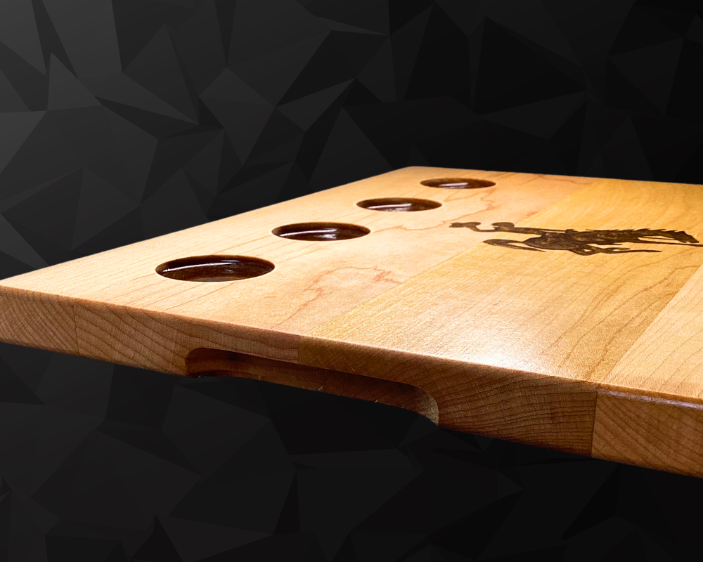 Wyoming Cowboy Shot Glass Flight Board – Maple Wood with Resin Logo