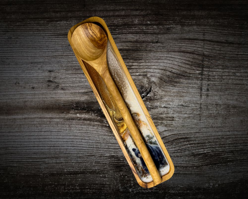 Handcrafted Olive Wood Spoon Rest with Black Bear Resin Art & 24K Gold Accents