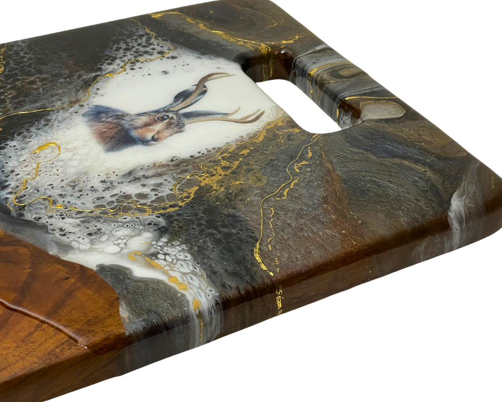 " Jackalope Head " Teak Cheese Board with 24 K Gold