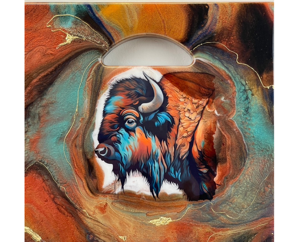 " Painted Bison " Handmade Cheese Board with 24K Gold
