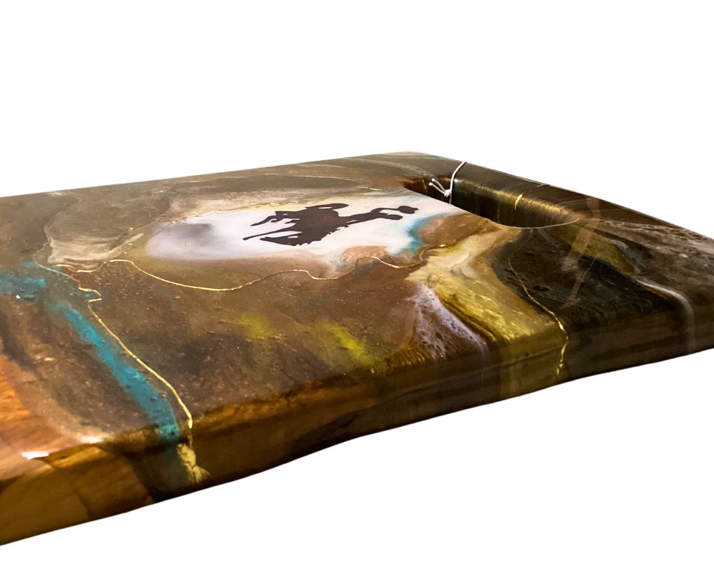 Wyoming Cowboy Charcuterie Board – Handcrafted Teak Root Wood with 24K Gold Resin Artwork