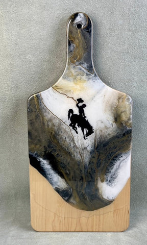 maple wood board with gray, black and white resin and 24K gold accents and bucking horse and rider decal