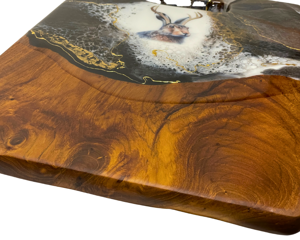 " Jackalope Head " Teak Cheese Board with 24 K Gold