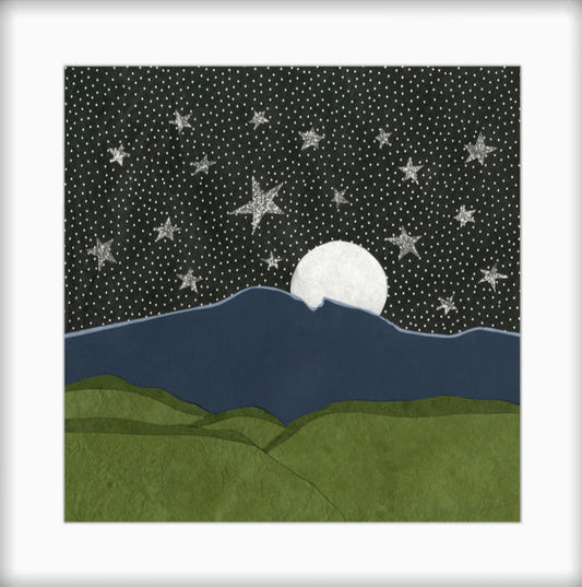 A Fuller Moonrise " Paper Collage Art Artist: Kris Batchelder From an original paper collage piece by the artist  Star fill a black night sky while a full white moon is beginning to show over the mountain peak  Choose From:  Matted Print  8" long x 8" high matted Giclee print of the original  12" long x 12" high matted in a white matting  In a plastic sleeve for added protection  Ready for a frame   