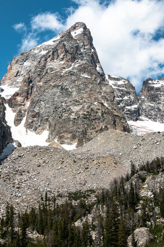 A close up of the Grand Teton as seen from Delta Lake  A very small amount of snow is still on the peak, and a very large puffy cloud is right behind the peak  Choose from:  8" x 10" print  Printed on high-quality photo paper and ready for a frame  In a plastic sleeve with sturdy backing for added protection