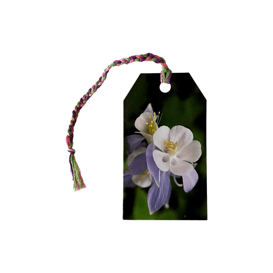 An up close photograph of a Columbine flower  Printed on a paper bookmark  Hand-braided purple, pink, and green tassel  2" long x 3.5" high bookmark  4" long braided tassel  Any one who loves to read will love having this beautiful bookmark