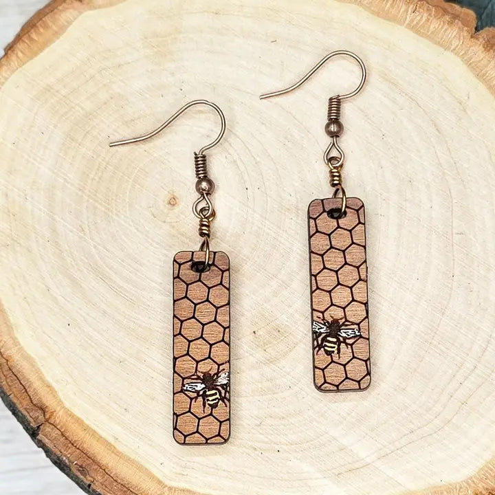 Earrings - Bee Hive Rectangle Wood