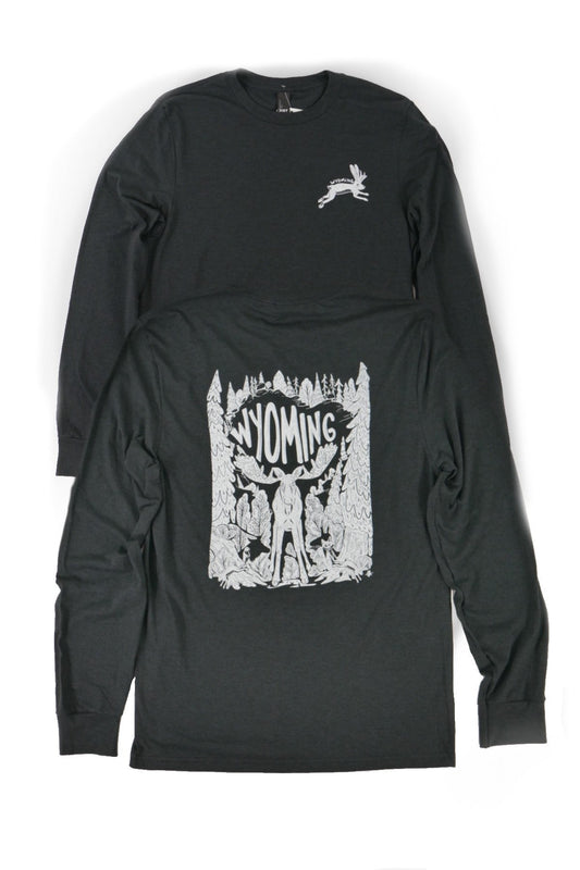 Long sleeve black t shirt, tri blend with wyoming moose on the back and jumping jackalope on the front pocket area