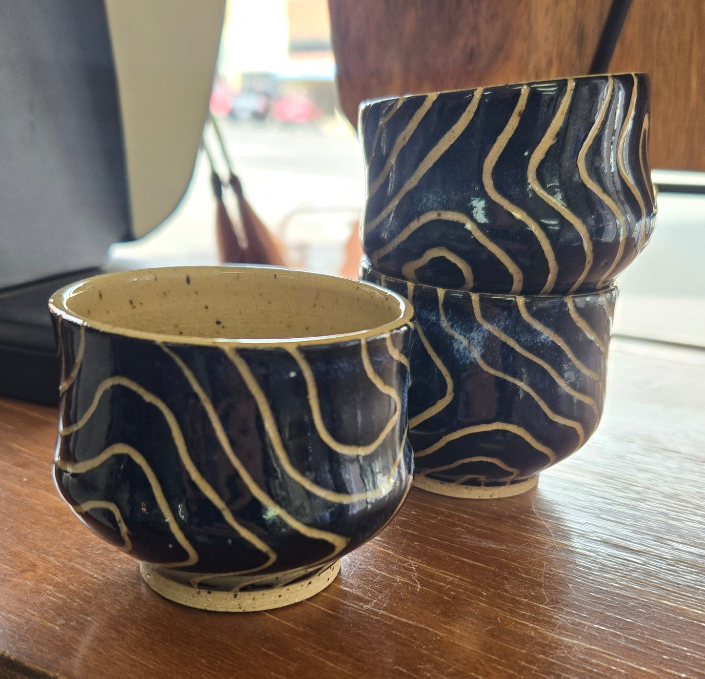 Pottery Shot Glass- Blue and Tan Topo Lines