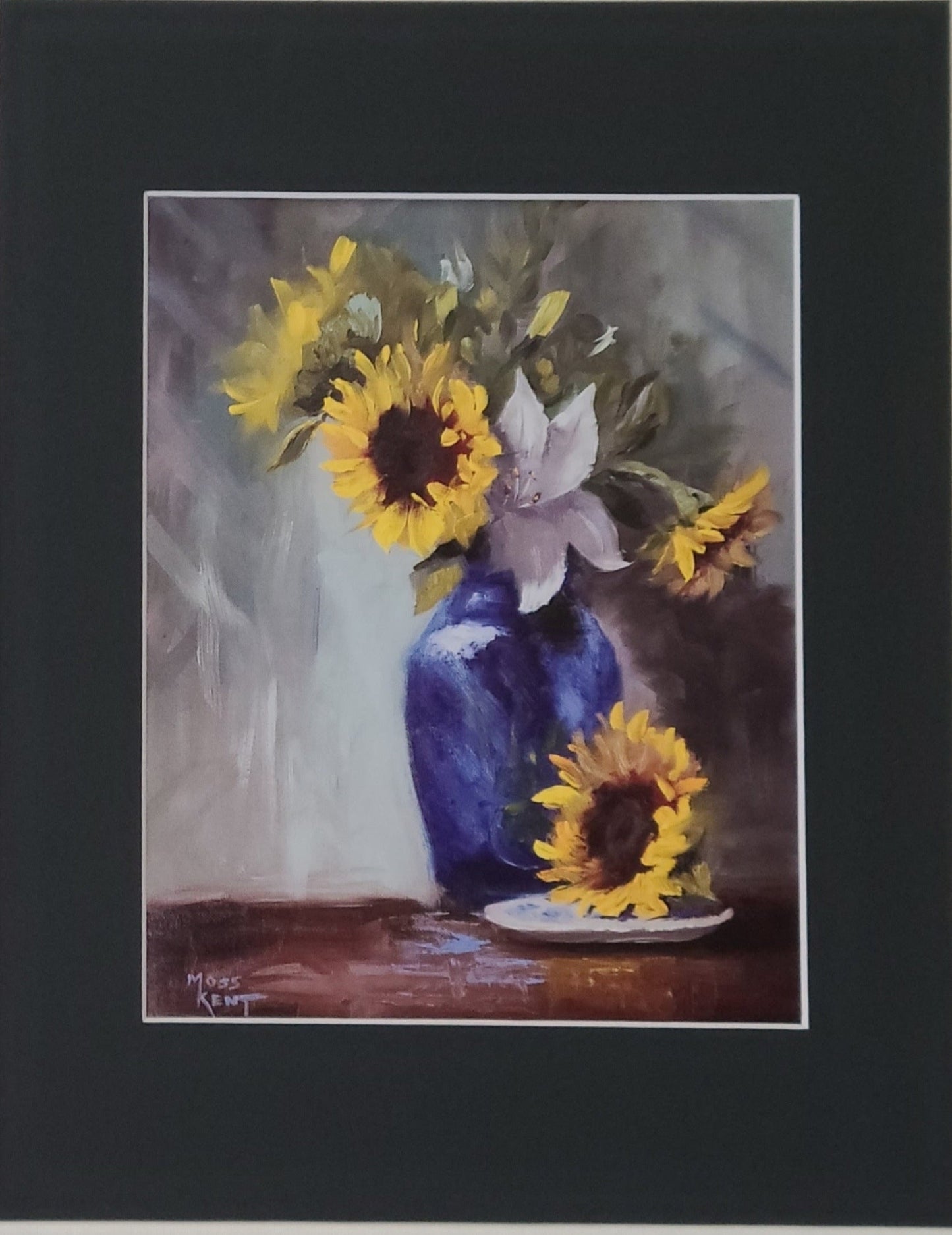 " Blue And Gold " Sunflowers In A Vase Matted Print