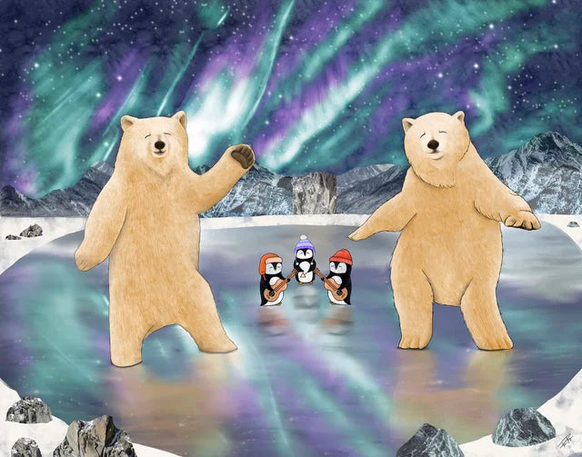 " Boreal Boogie "  Dancing Polar Bears with Penguin Fine Art Print