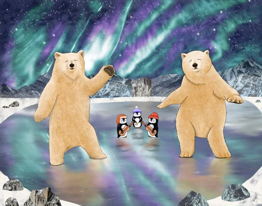 " Boreal Boogie "  Dancing Polar Bears with Penguin Fine Art Print
