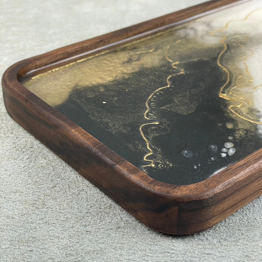 Monochrome Walnut Wood and Resin with 24K Gold Tray