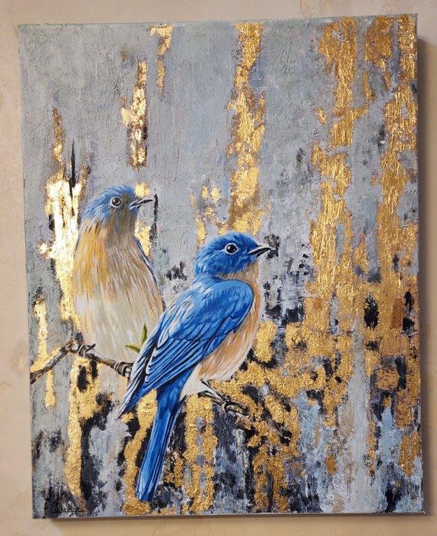 " Blue Birds in Aspens " Original Acrylic Painting Artist: Catherine Holt  Original Acrylic Painting on gallery wrap canvas   Two beautiful blue birds sitting on a branch   Gold leaf highlights the trunks of the aspen trees  16" long x 20" high canvas painting  Wire on back for hanging  You can almost hear the birds singing   A beautiful piece for any home  Please note items are original 