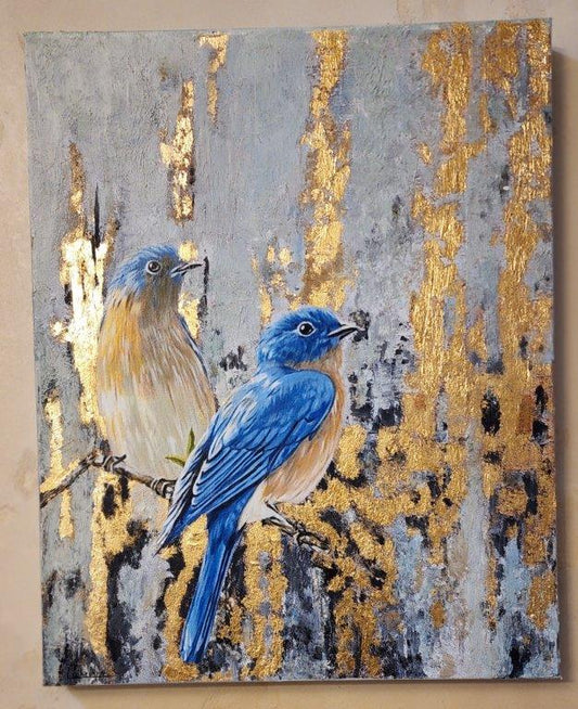 " Blue Birds in Aspens " Original Acrylic Painting Artist: Catherine Holt  Original Acrylic Painting on gallery wrap canvas   Two beautiful blue birds sitting on a branch   Gold leaf highlights the trunks of the aspen trees  16" long x 20" high canvas painting  Wire on back for hanging  You can almost hear the birds singing   A beautiful piece for any home  Please note items are original 