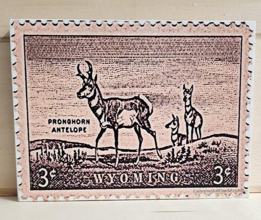 3 cent Wyoming Pronghorn Antelope vintage stamp. From original artwork. Printed on a wooden board with wooden frame.