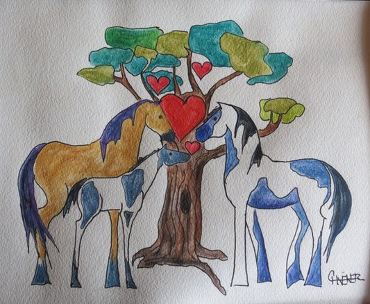Framed Original Artist: Celeste Havener  Mom, Dad and baby horse gathered under an old tree  Buckskin mare  Pinto Stallion and colt  Four hearts in the air  8" x 10" original watercolor and ink drawing  Framed in a thin plastic black frame with snap out clear cover that protects the piece  Can hang on the wall or sit on a shelf with the attached frame easel  Perfect gift for a child's room  or a new addition to the family