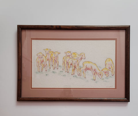 Sheep Framed Handpainted Fiber Artd Artist: Crystal Lawrence  22" x 15"  Hand painted  Hand dyed  Original artwork on silk  Framed   lp CLL23019