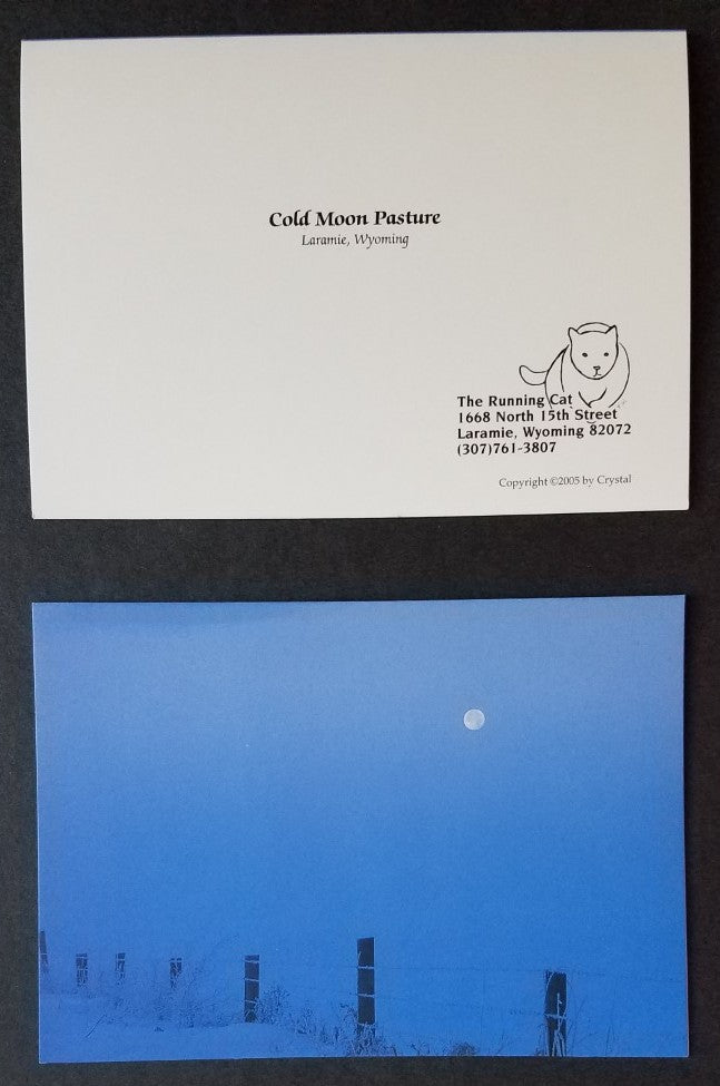 Cold Moon Pasture, barbed wire fence under a frosty moon. Set 4 greeting cards with envelopes, blank inside
