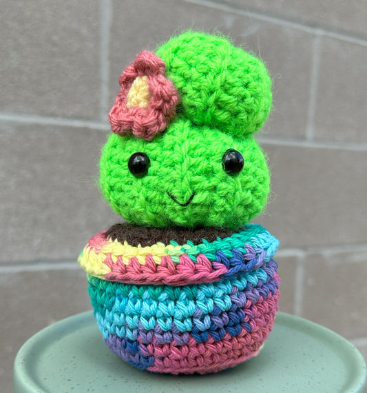 Hand Crochet Neon Green Budding Barrel Cactus with Rosy Flower in Tie Dye Pot
