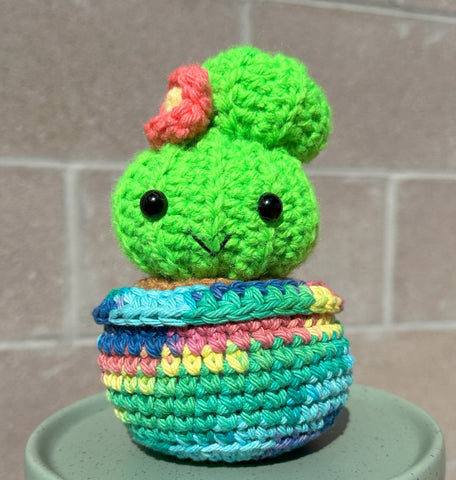 hand crochet budding barrel cactus in a tie dye post
