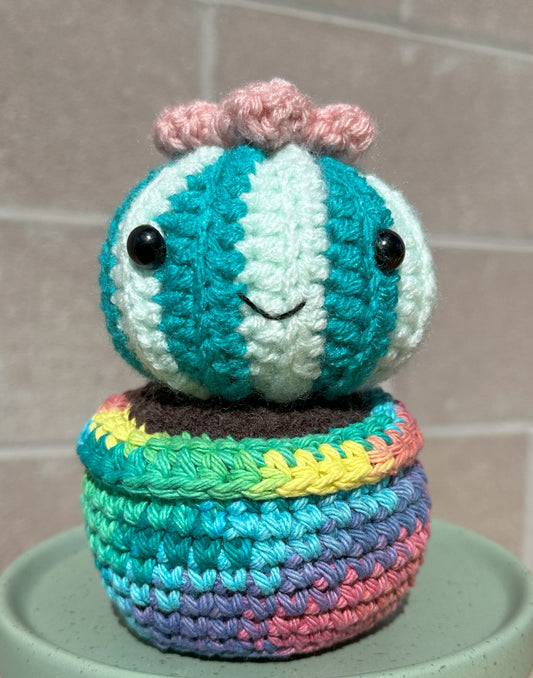 Hand Crochet Teal Green Budding Barrel Cactus with Blush Flower in Tie Dye Pot