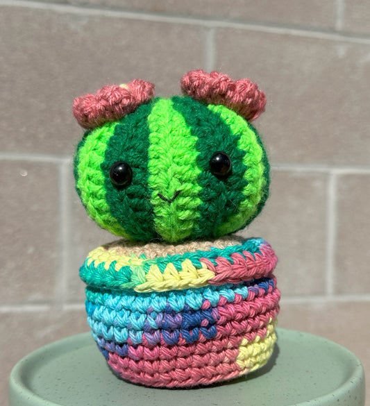 Hand Crochet Watermelon Green Budding Barrel Cactus with Rosy Flower in Tie Dye Pot