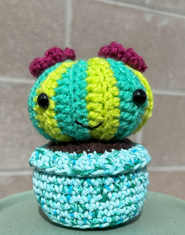 Hand Crochet Limeade Green Budding Barrel Cactus with Orchid Flower in Teal Speckle Pot