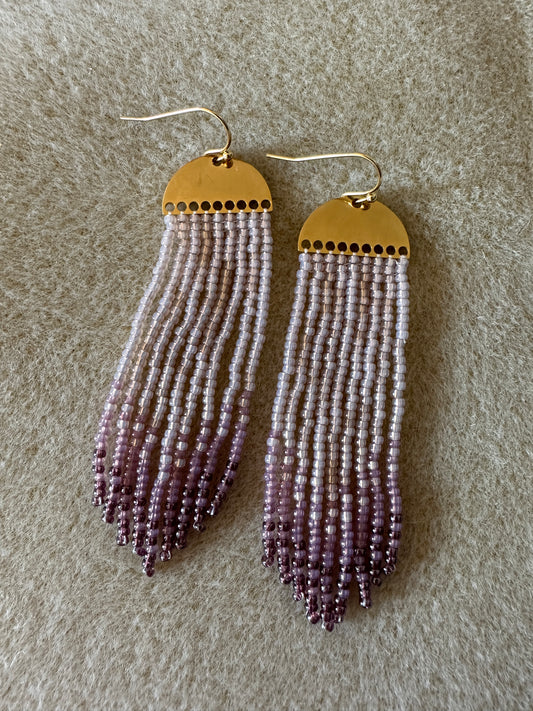 Champagne beads fading into purple with gold half circlelets on french hooks