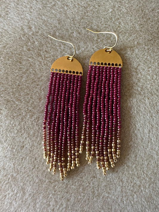  fringe earrings Burgundy beads fading into gold