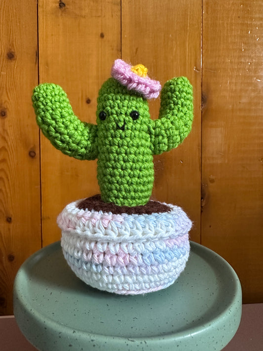 Hand Crochet Grassy Saguaro with Blush Flower in Ballerina Pot