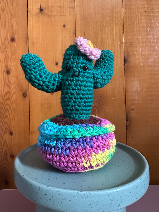 Hand Crochet Kelly Green Saguaro with Blush Flower in Tie-Die Pot