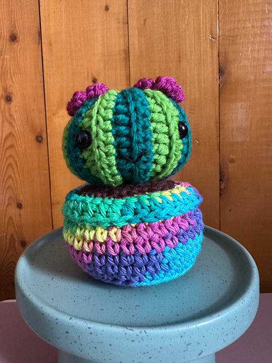 Hand Crochet Watermelon  Barrel Cactus with Orchid Flower in Tie Dye Pot