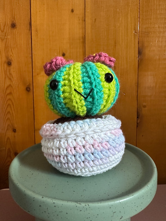Hand Crochet Limeade  Barrel Cactus with Pink Flower in Ballerina Pot