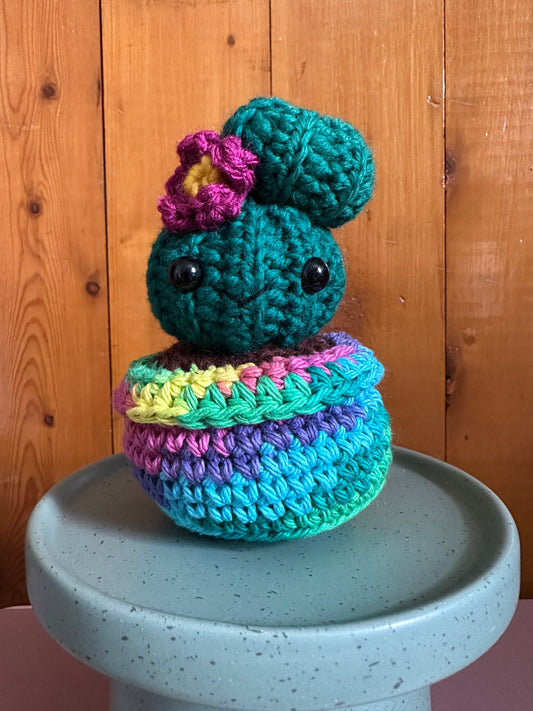 Hand Crochet Kelly Green Budding Barrel Cactus with Orchid Flower in Tie Dye Pot