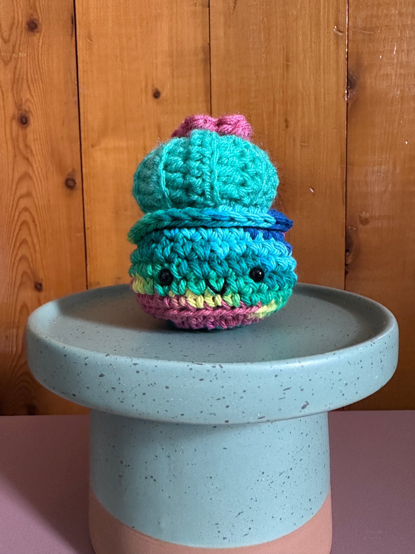 Mint Mini Baby Barrel with a Pink Flower in a Tie-Dye Pot
