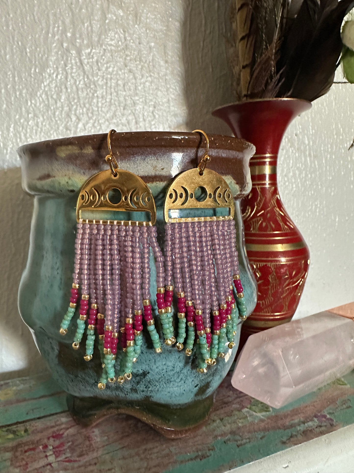 Gold Moon Phase Beaded Earrings - Lavender Fade