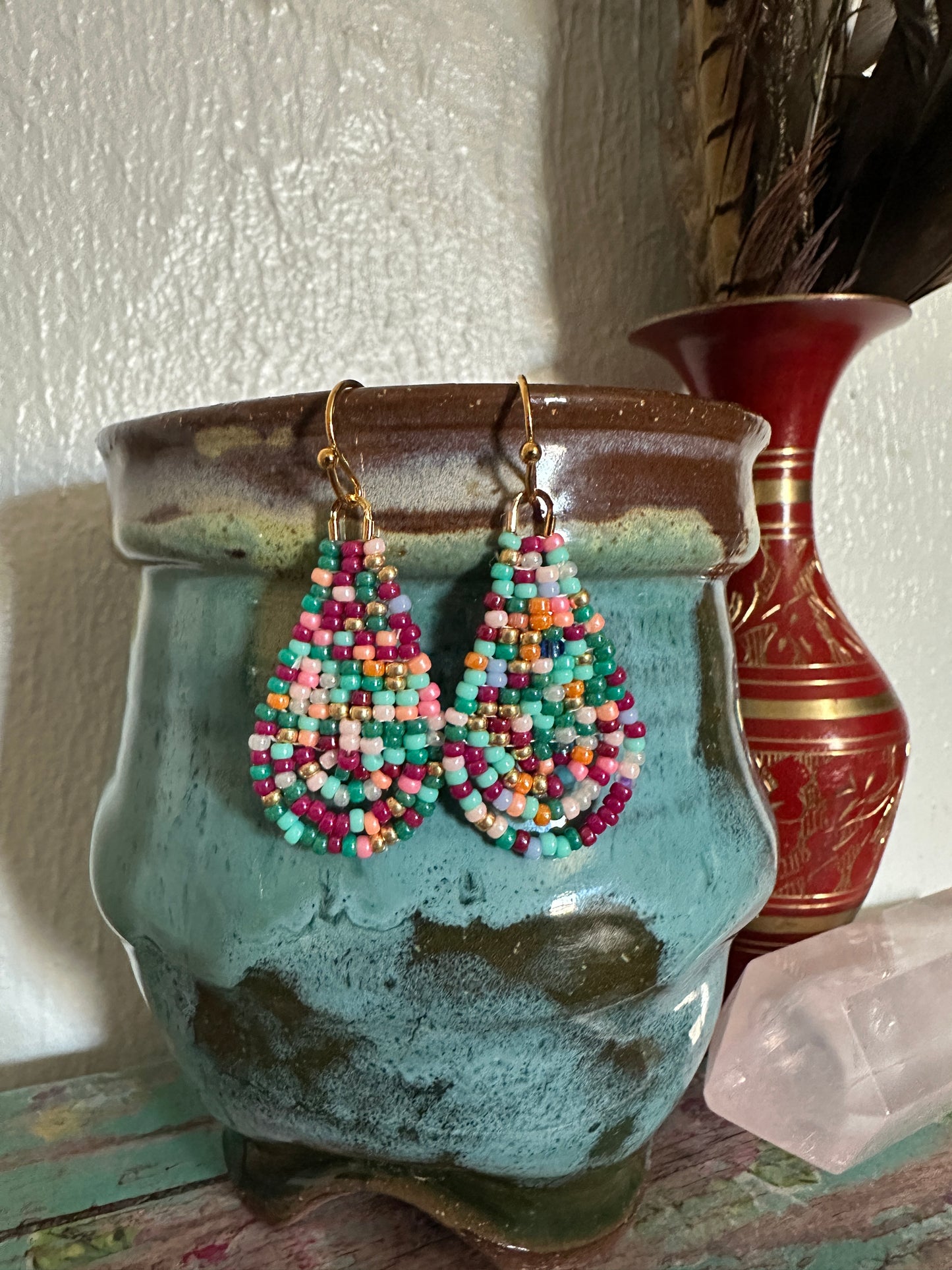 Beaded Teardrop Earrings- Small Magenta Confetti