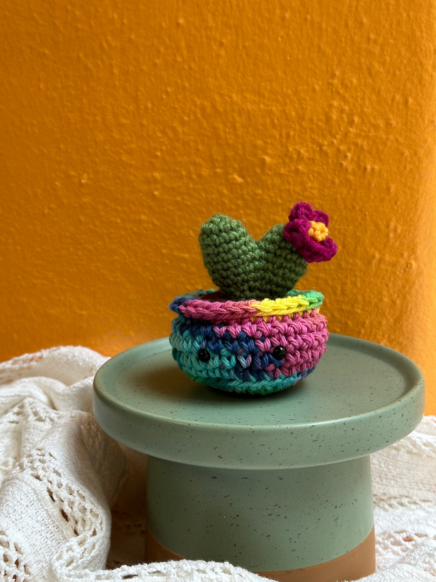 Mini Heart Crochet Cactus in Rainbow Pot with Clover Color