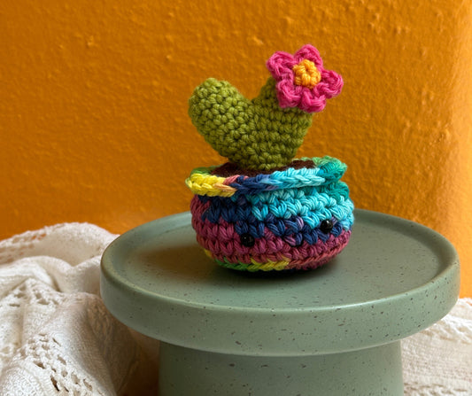 Mini Heart Crochet Cactus in Rainbow Pot with Lime Color