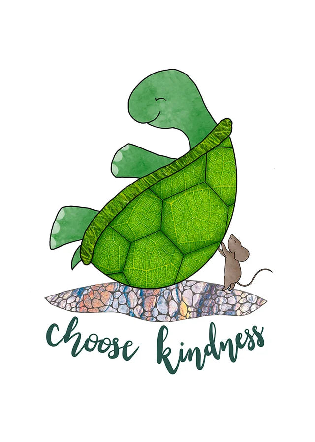  " Choose Kindness " Turtle and Mouse Sticker Artist: Tara Pappas  2 5/8" x 2.25" Sticker  The little mouse is helping his turtle friend get back on his feet  The words  "Choose Kindness" are on the bottom of the sticker  Perfect for your water bottle, laptop or mirror.