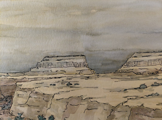 Matted Watercolor and Ink - Gray Sky in Morning