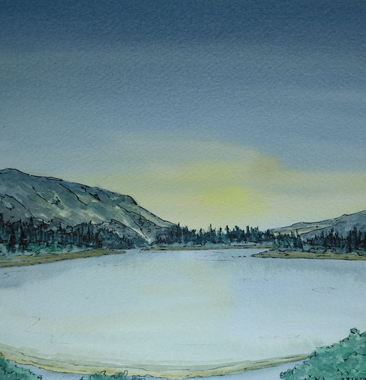 Watercolor and Ink - Mountain Sunrise