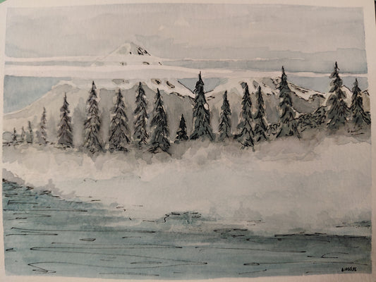 Matted Watercolor and Ink - Foggy Shores