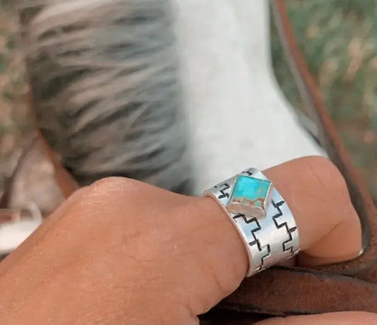 Ring- Silver Band With Turquoise Diamond Accent Stone