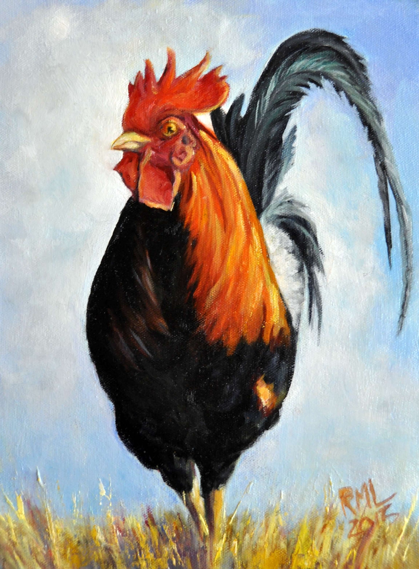 " Cyndie's Rooster " Print Artist: Renee Laegreid Beautiful rooster standing with a blue sky behind  Choose From:  Print  8" x 10" giclee print matted in an 11" x 14" black matting  Ready for a frame of your choice  Greeting Card
