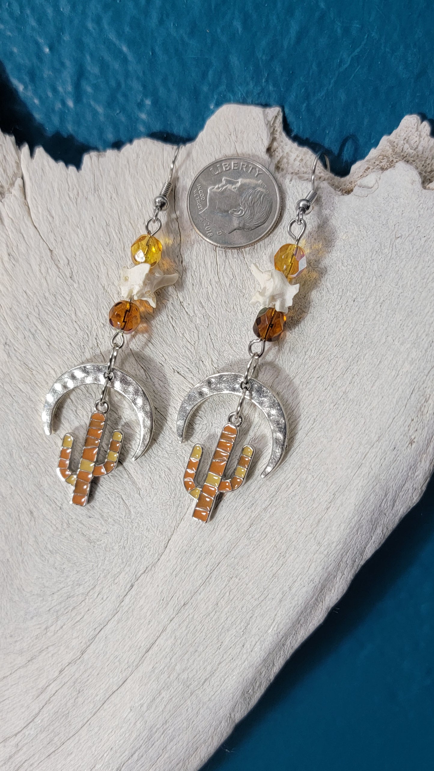 Crescent Moon and Cactus with Rattlesnake Vertebrae Earrings